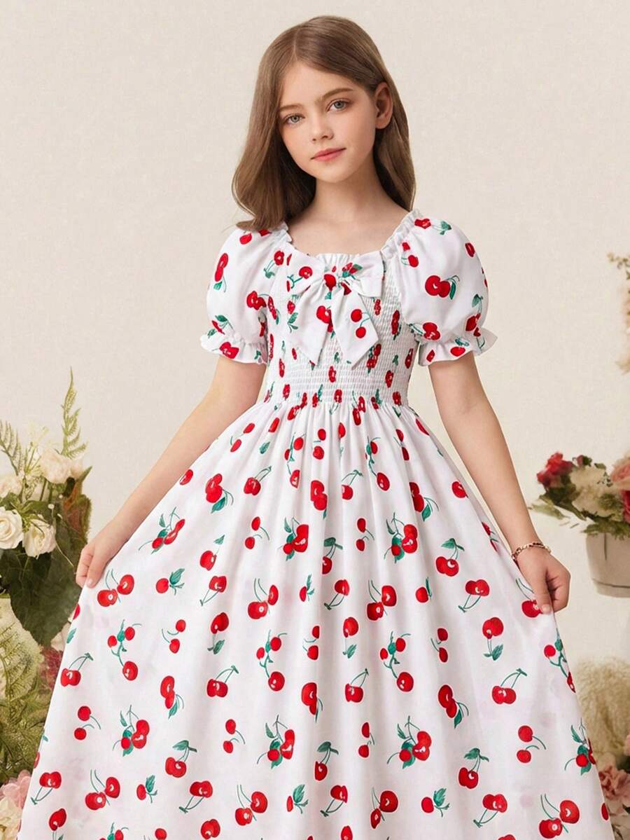 Tween girls black and white geometric short sleeve midi dress with square neck and bow front decor