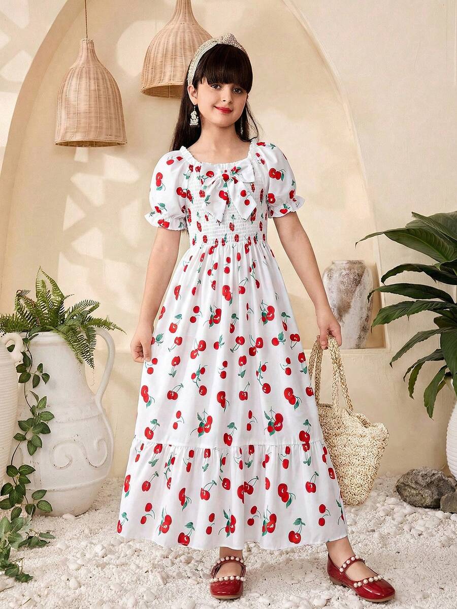 Tween girls black and white geometric short sleeve midi dress with square neck and bow front decor