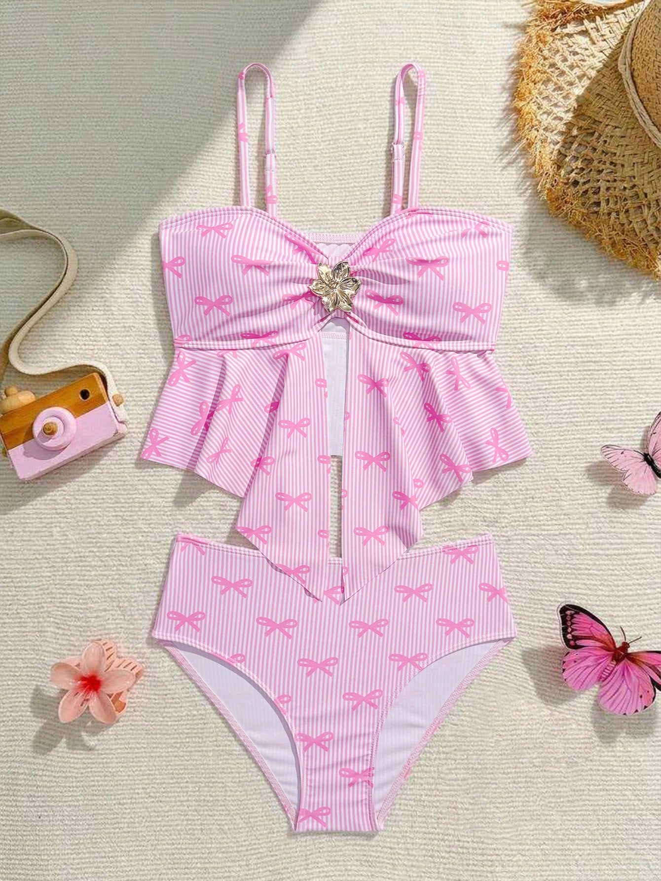 Tween girls 2-piece tankini swimwear set in apricot with a textured jacquard look, asymmetrical spaghetti-strap sleeveless top, and matching mid-waist short bikini bottoms.