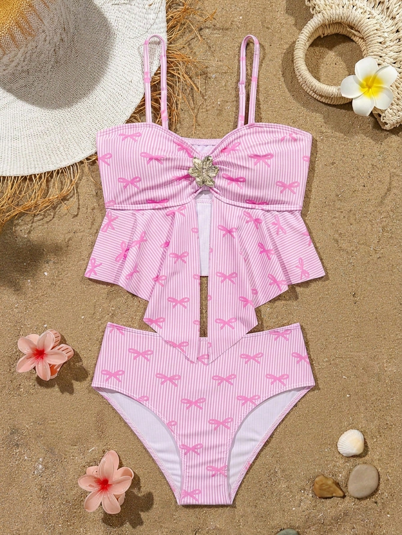 Tween girls 2-piece tankini swimwear set in apricot with a textured jacquard look, asymmetrical spaghetti-strap sleeveless top, and matching mid-waist short bikini bottoms.