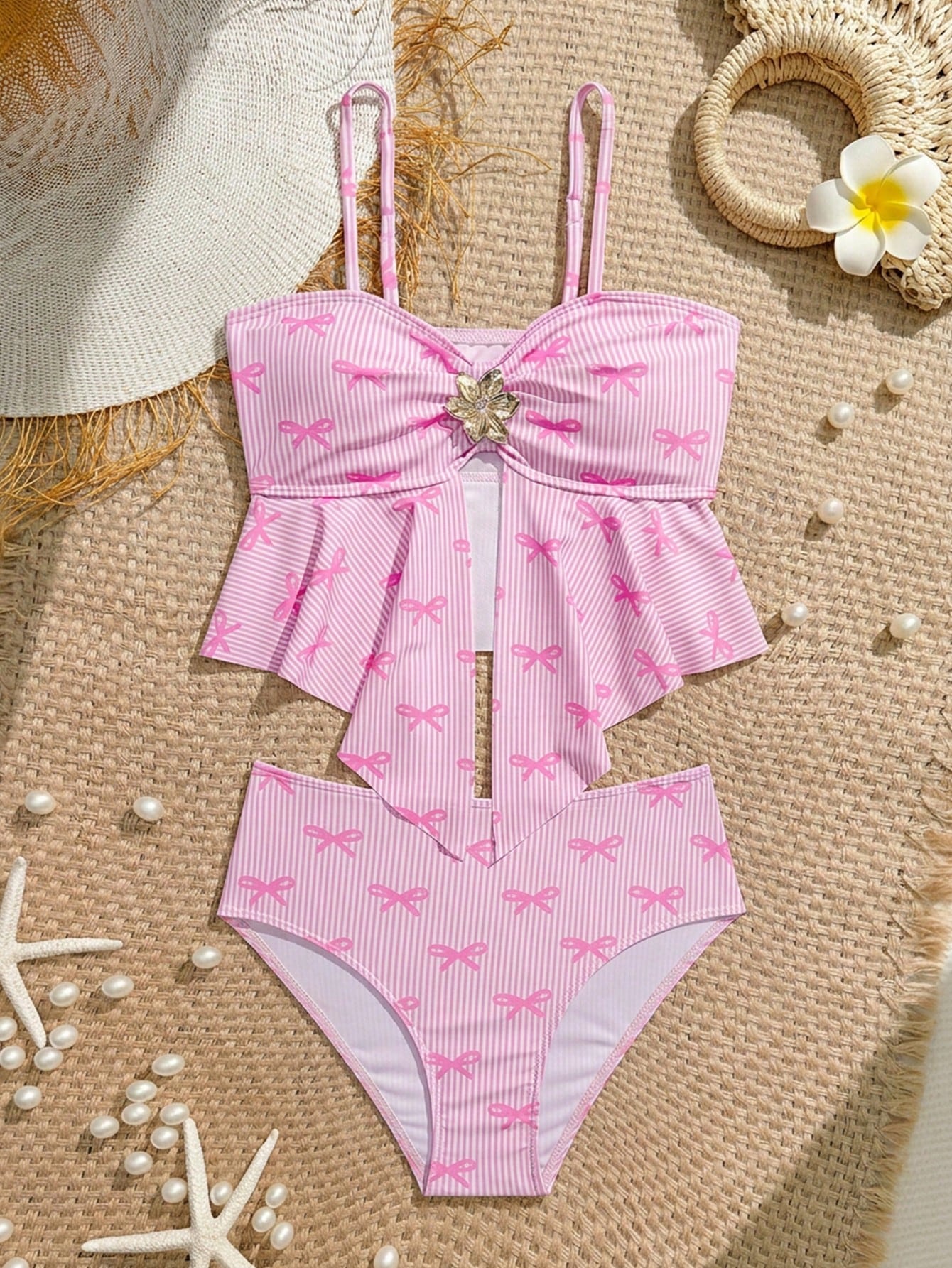 Tween girls 2-piece tankini swimwear set in apricot with a textured jacquard look, asymmetrical spaghetti-strap sleeveless top, and matching mid-waist short bikini bottoms.