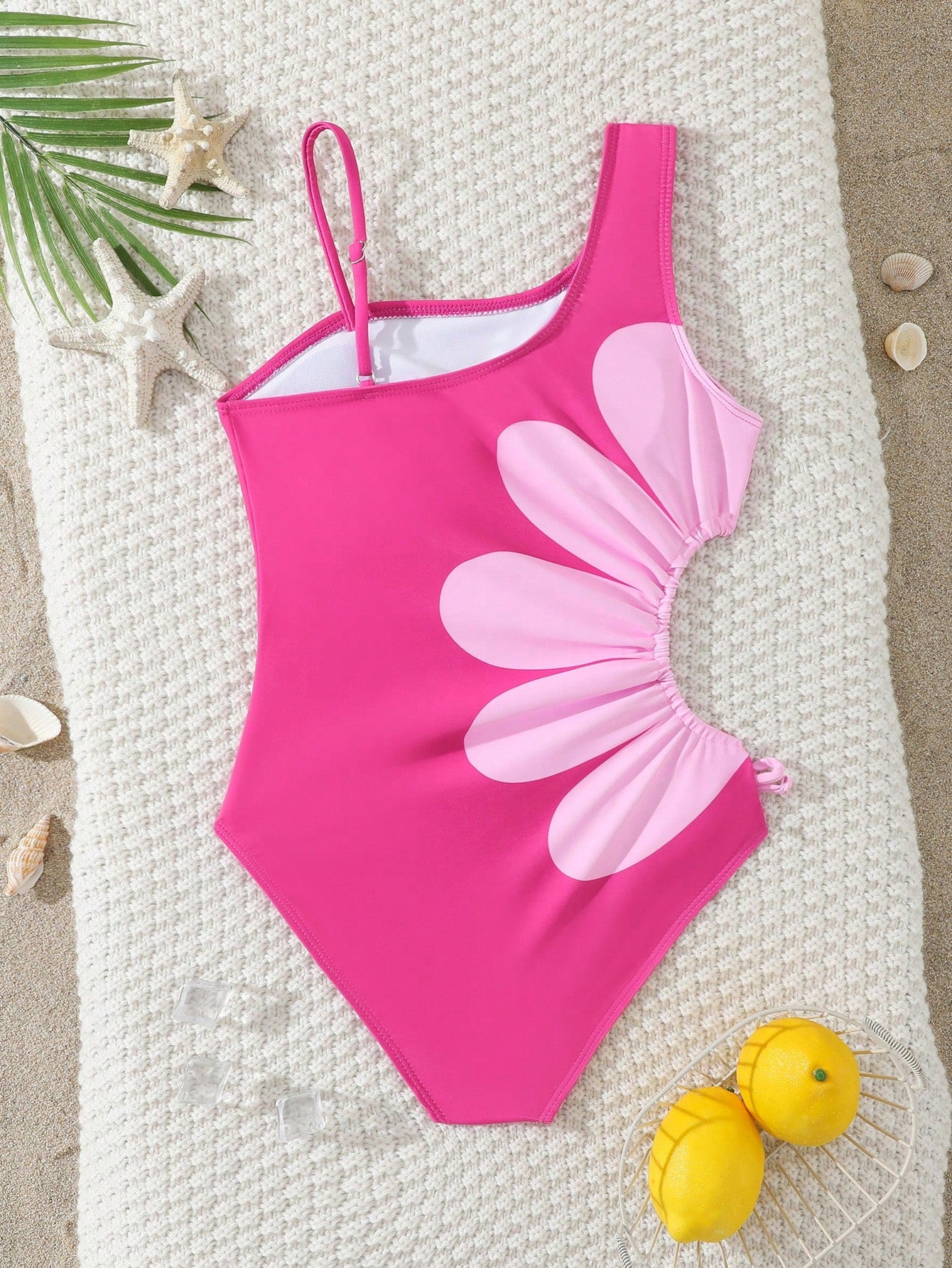 Casual Side Cut-Out Design White Floral Print Tween Girls' One-Piece Swimsuit