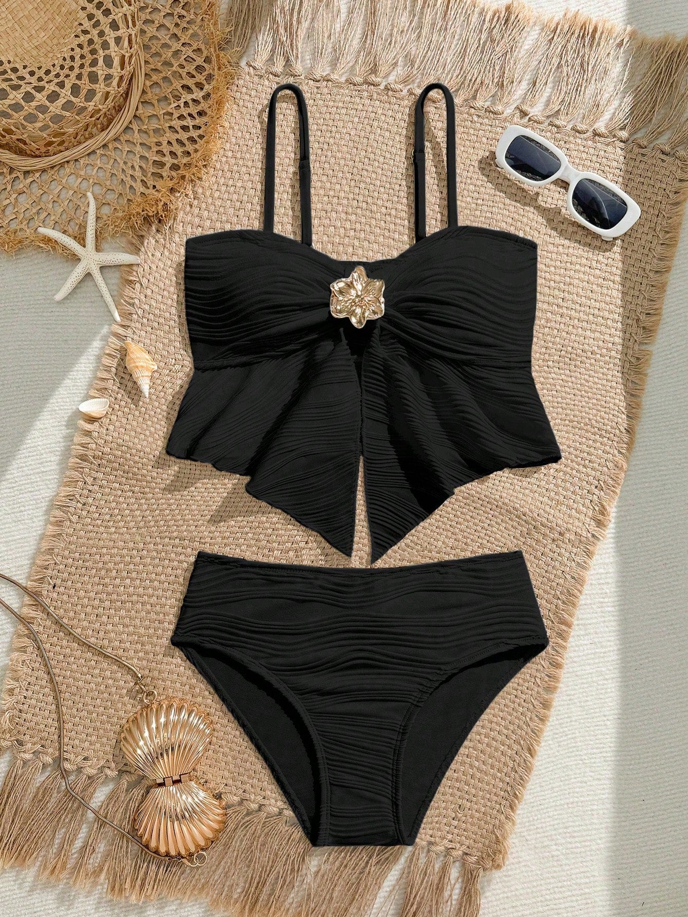 Tween girls 2-piece tankini swimwear set in apricot with a textured jacquard look, asymmetrical spaghetti-strap sleeveless top, and matching mid-waist short bikini bottoms.