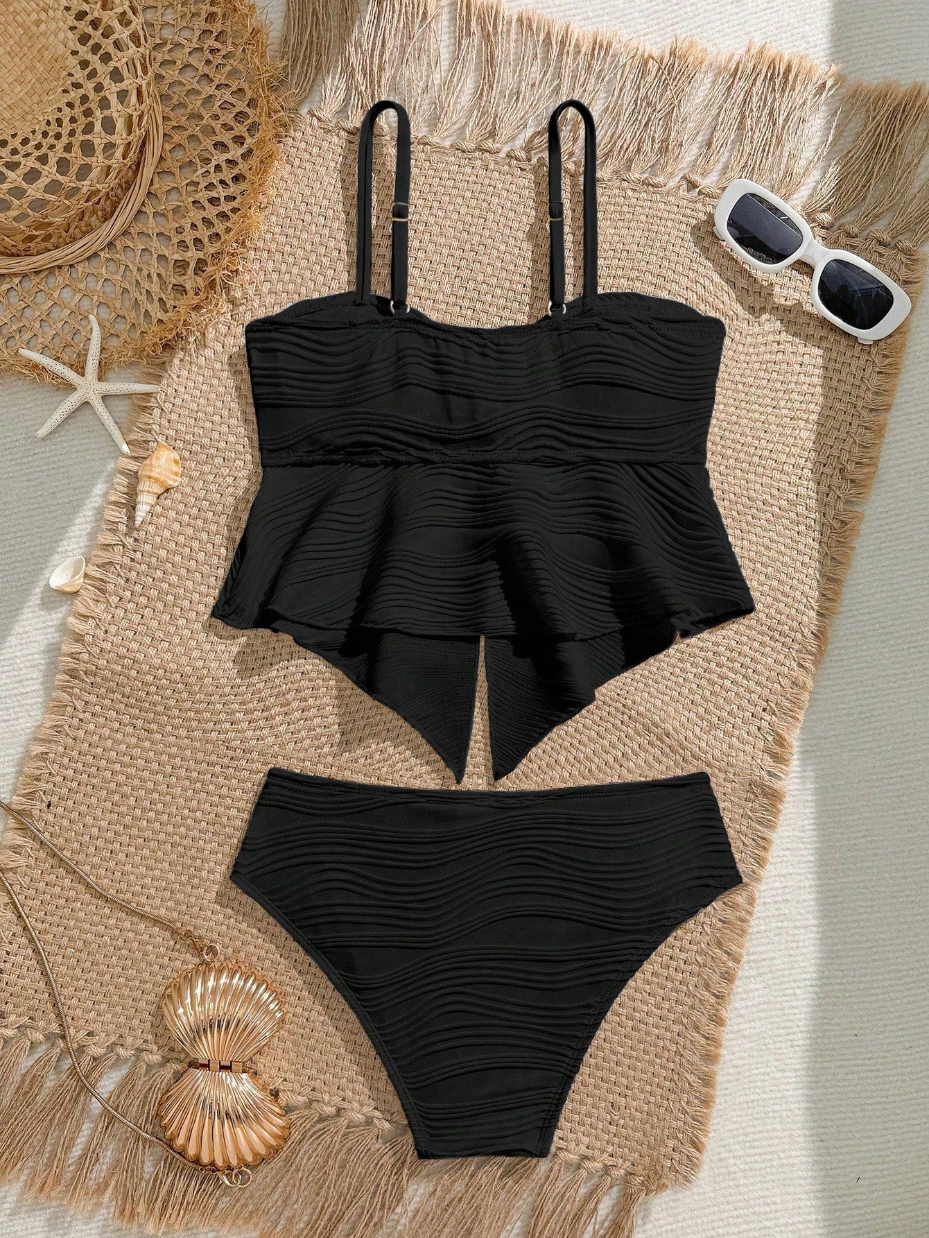 Tween girls 2-piece tankini swimwear set in apricot with a textured jacquard look, asymmetrical spaghetti-strap sleeveless top, and matching mid-waist short bikini bottoms.