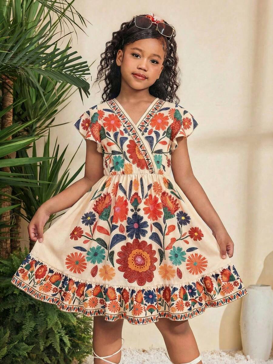 Tween girl wearing a black ditsy floral A-line short dress with V-neckline and flounce short sleeves.