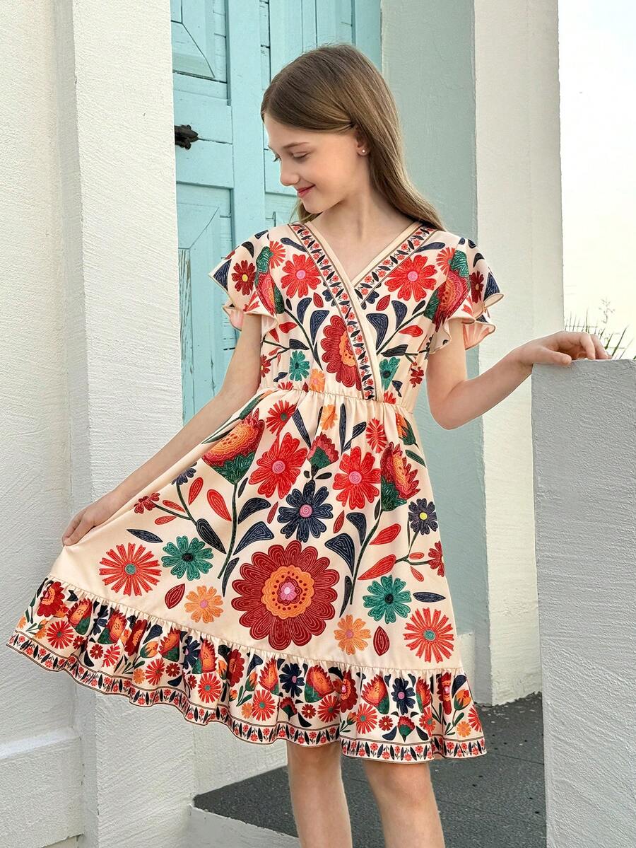 Tween girl wearing a black ditsy floral A-line short dress with V-neckline and flounce short sleeves.