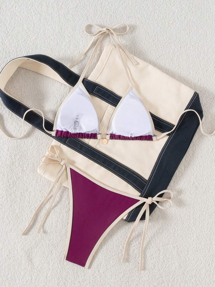Women's high waist 2-piece triangle bikini set featuring colorblock trim, halter neckline, wireless bra with removable padding, and tie-side bottoms.