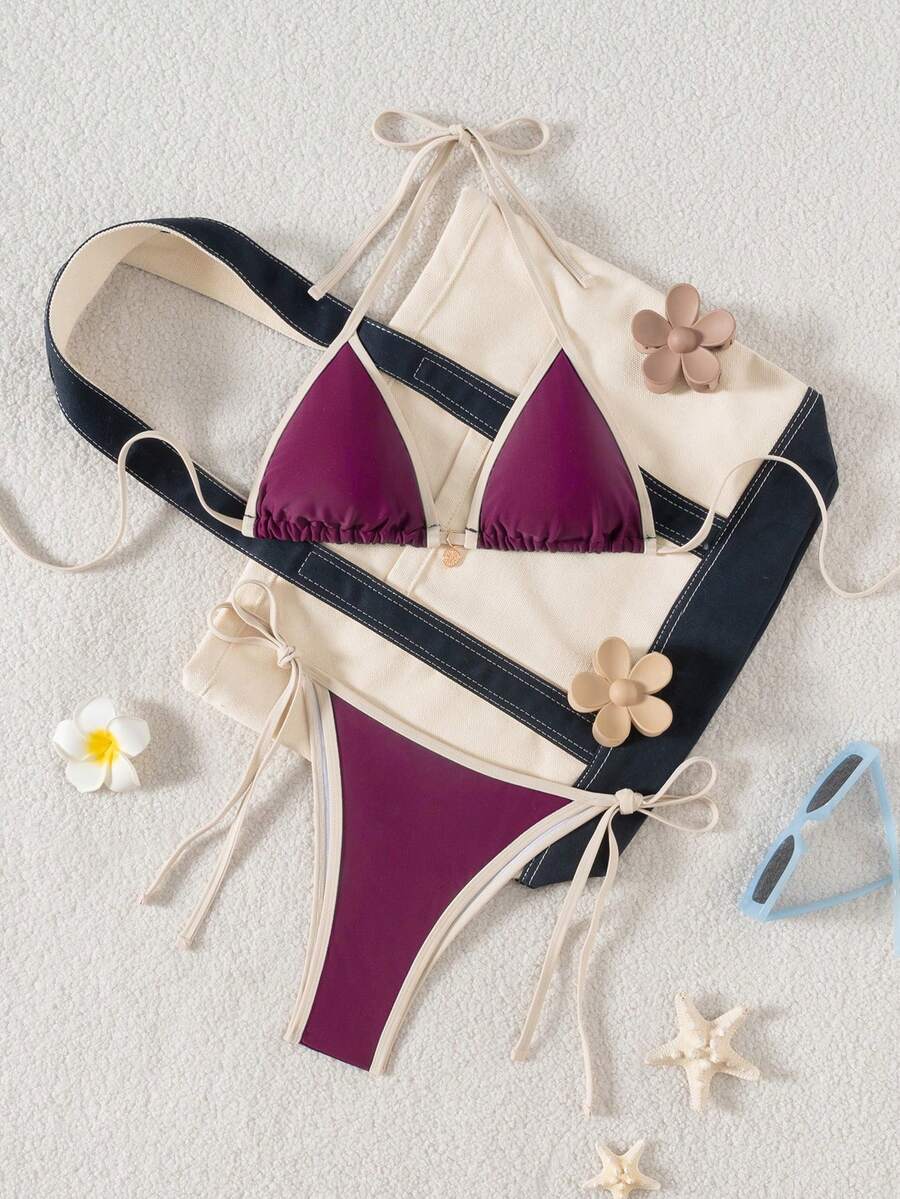 Women's high waist 2-piece triangle bikini set featuring colorblock trim, halter neckline, wireless bra with removable padding, and tie-side bottoms.