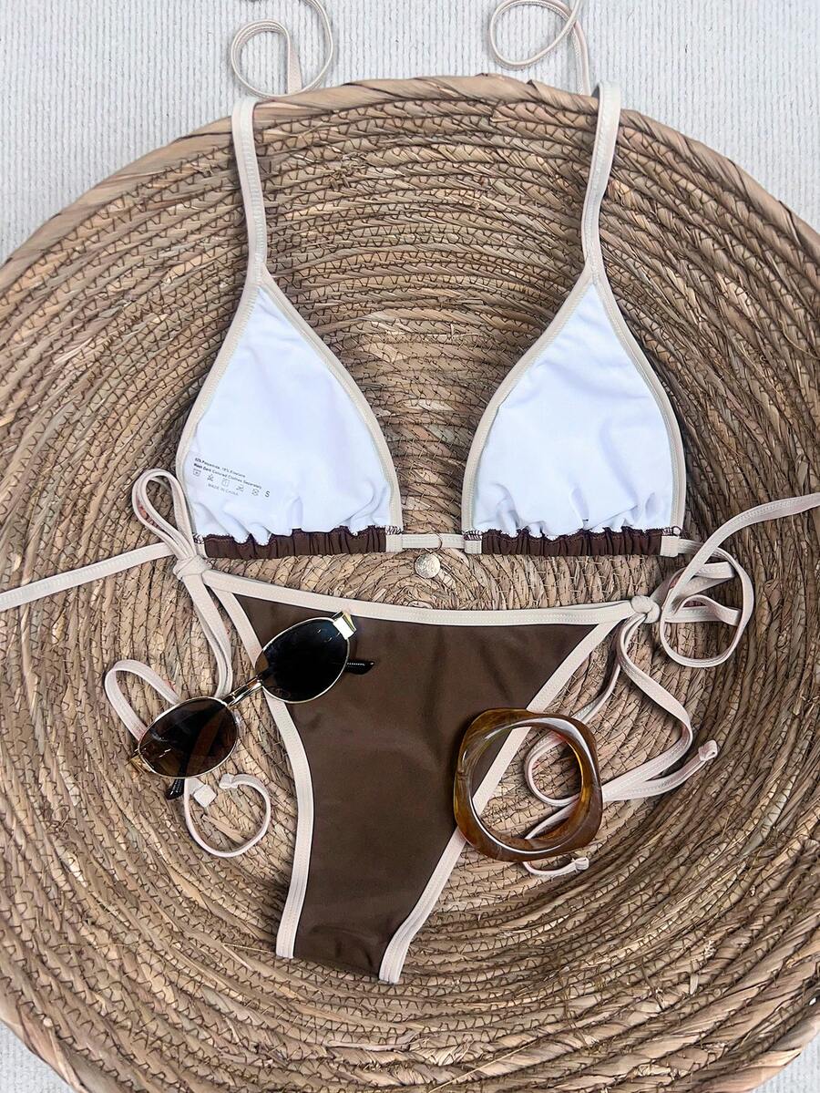 Women's high waist 2-piece triangle bikini set featuring colorblock trim, halter neckline, wireless bra with removable padding, and tie-side bottoms.