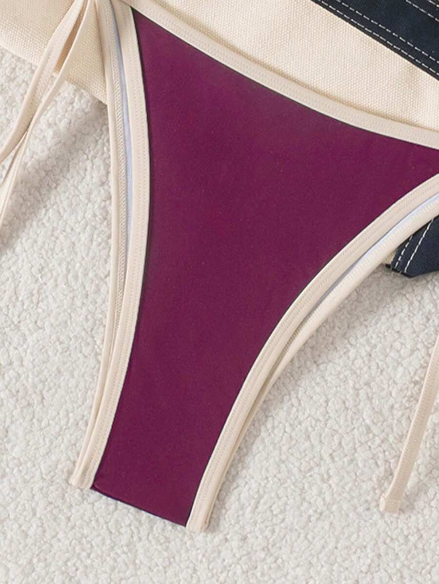 Women's high waist 2-piece triangle bikini set featuring colorblock trim, halter neckline, wireless bra with removable padding, and tie-side bottoms.