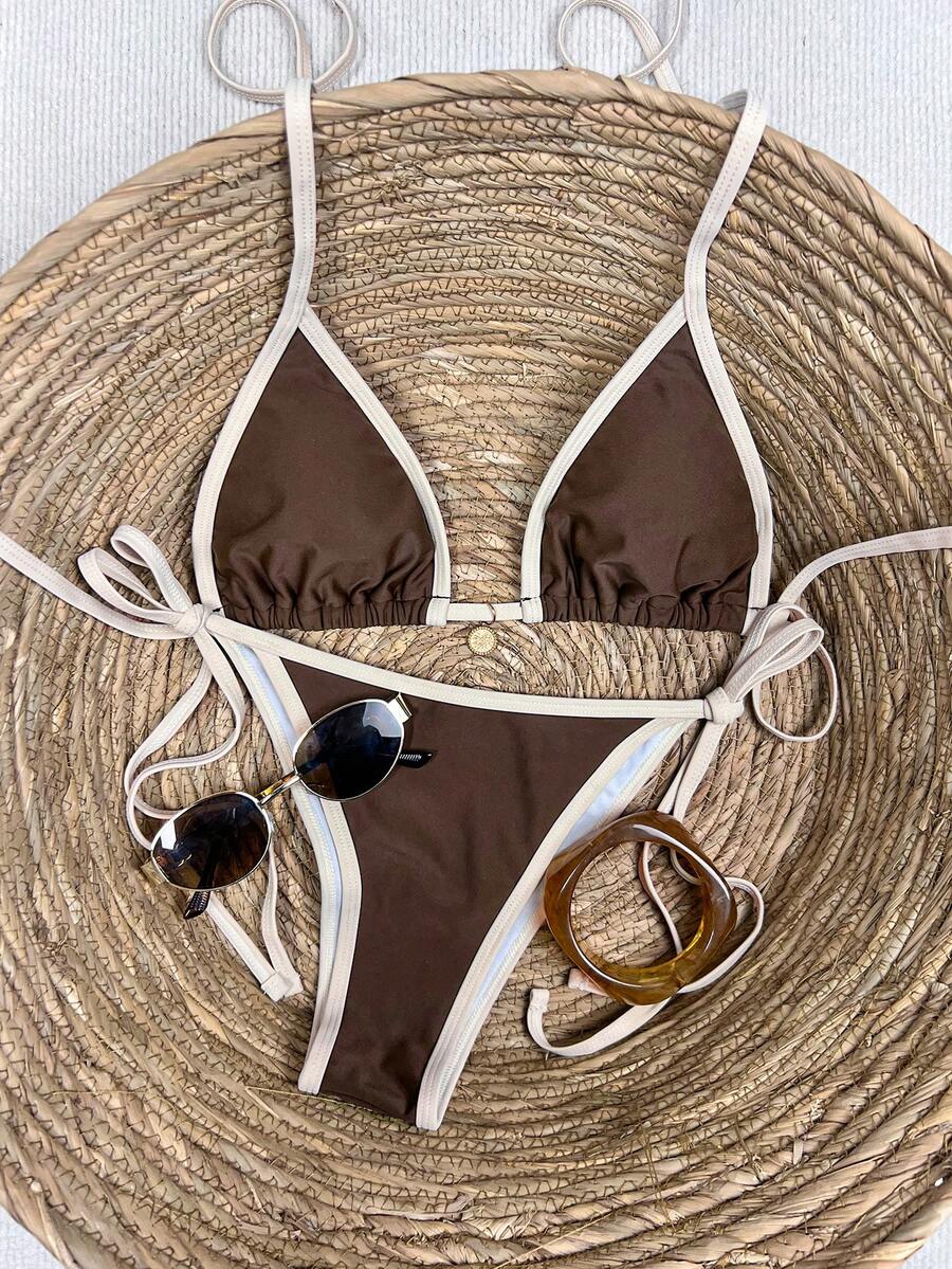 Women's high waist 2-piece triangle bikini set featuring colorblock trim, halter neckline, wireless bra with removable padding, and tie-side bottoms.