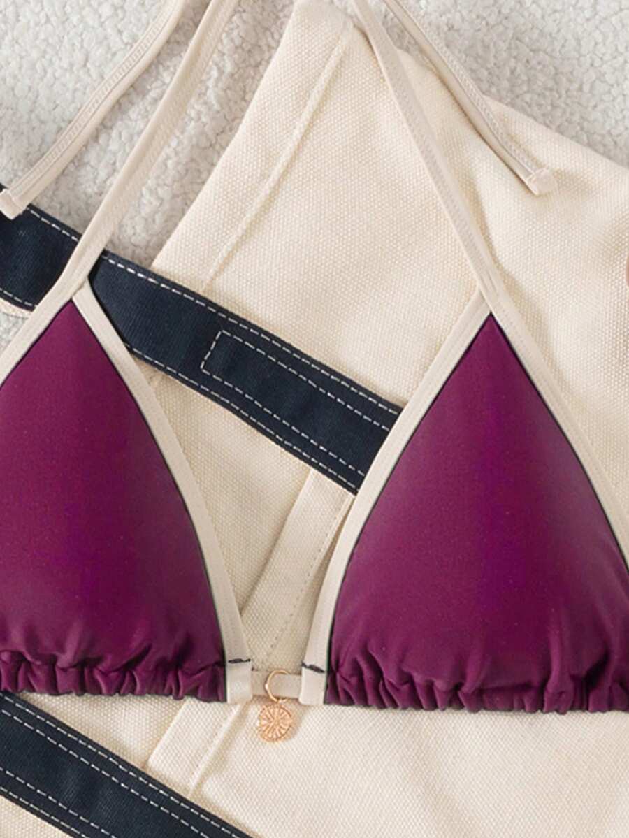 Women's high waist 2-piece triangle bikini set featuring colorblock trim, halter neckline, wireless bra with removable padding, and tie-side bottoms.