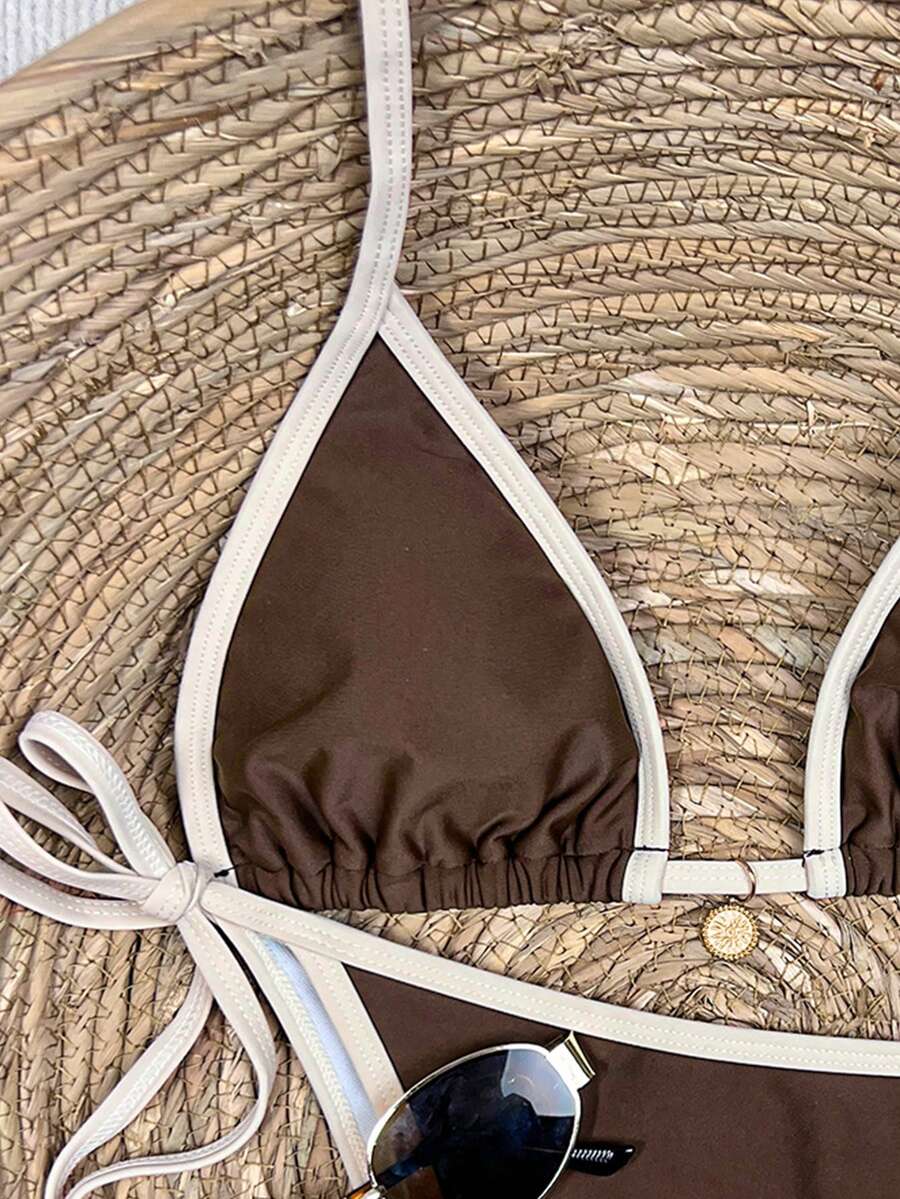 Women's high waist 2-piece triangle bikini set featuring colorblock trim, halter neckline, wireless bra with removable padding, and tie-side bottoms.