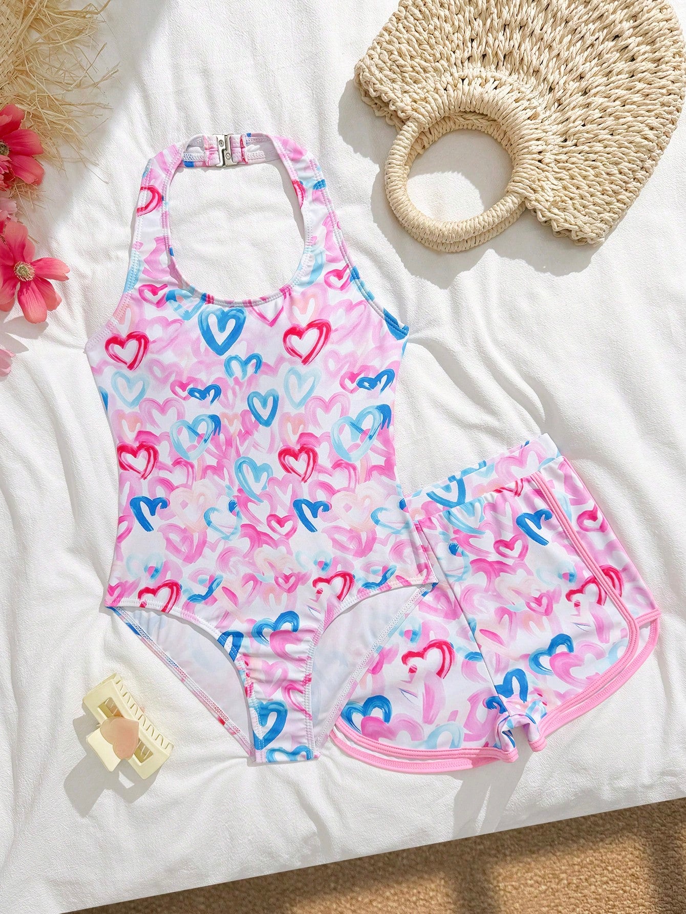 Girls 2-piece swimwear set featuring a butterfly print halter swimsuit top with contrast piping and separate mid-waist shorts; sleeveless, high-stretch, wireless design for beach and vacation wear.