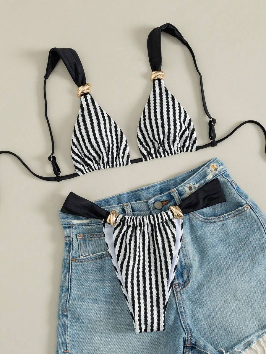 Multicolor colorblock bikini set for women featuring a wireless triangle bra top with shoulder straps and ring knot details paired with high waist high cut bottoms.