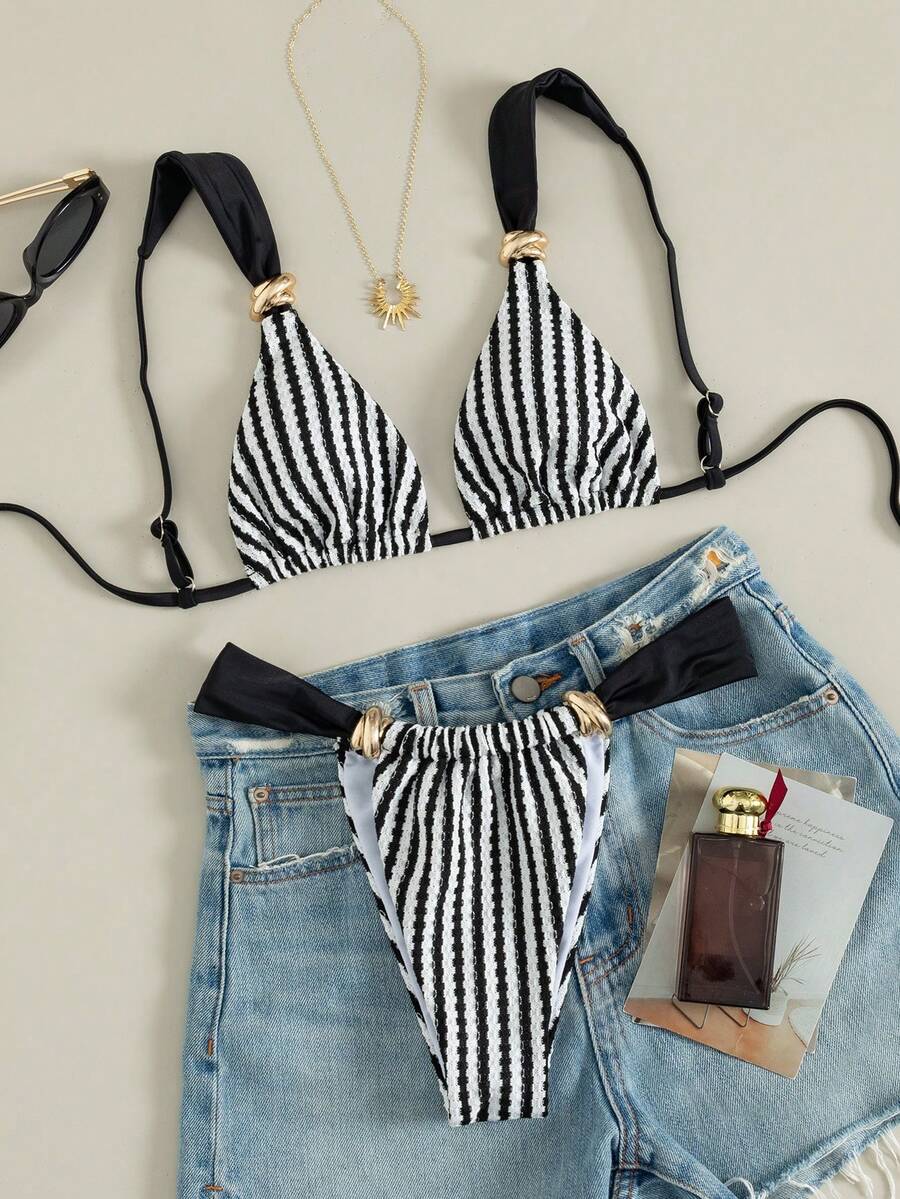 Multicolor colorblock bikini set for women featuring a wireless triangle bra top with shoulder straps and ring knot details paired with high waist high cut bottoms.