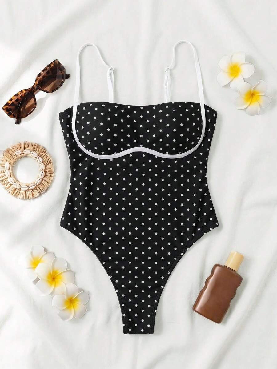 Black colorblock women's one-piece swimsuit with spaghetti straps and high stretch fabric.