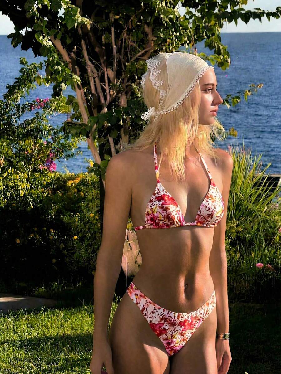 Women's apricot 2-piece halter bikini set featuring a wireless triangle top with tie-back detail and high-waisted high-cut bottoms.