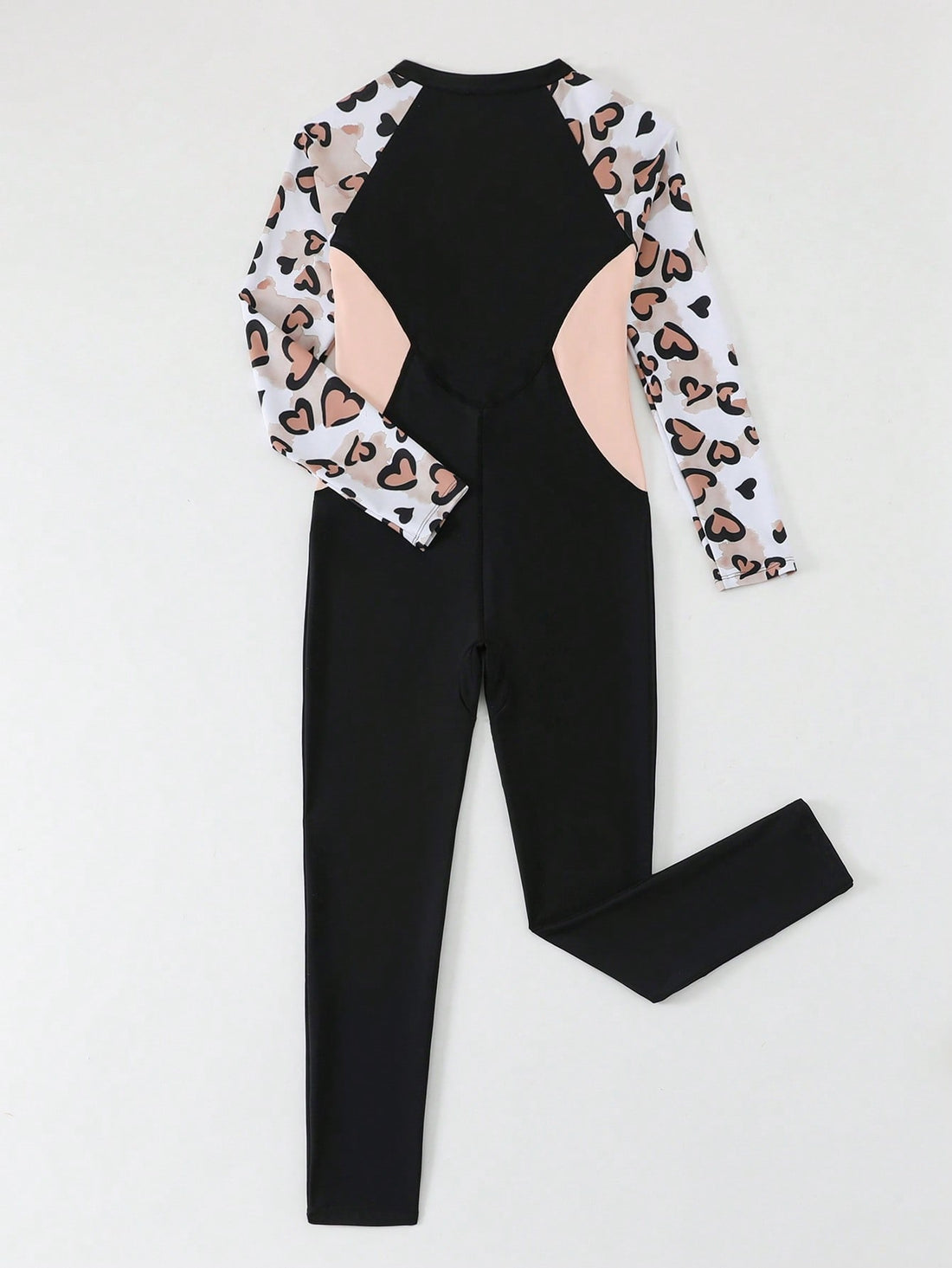 Tween girls black one-piece swimsuit with long sleeves, high neck, zipper detail, graphic leopard heart print, and fitted full-coverage swimwear style.
