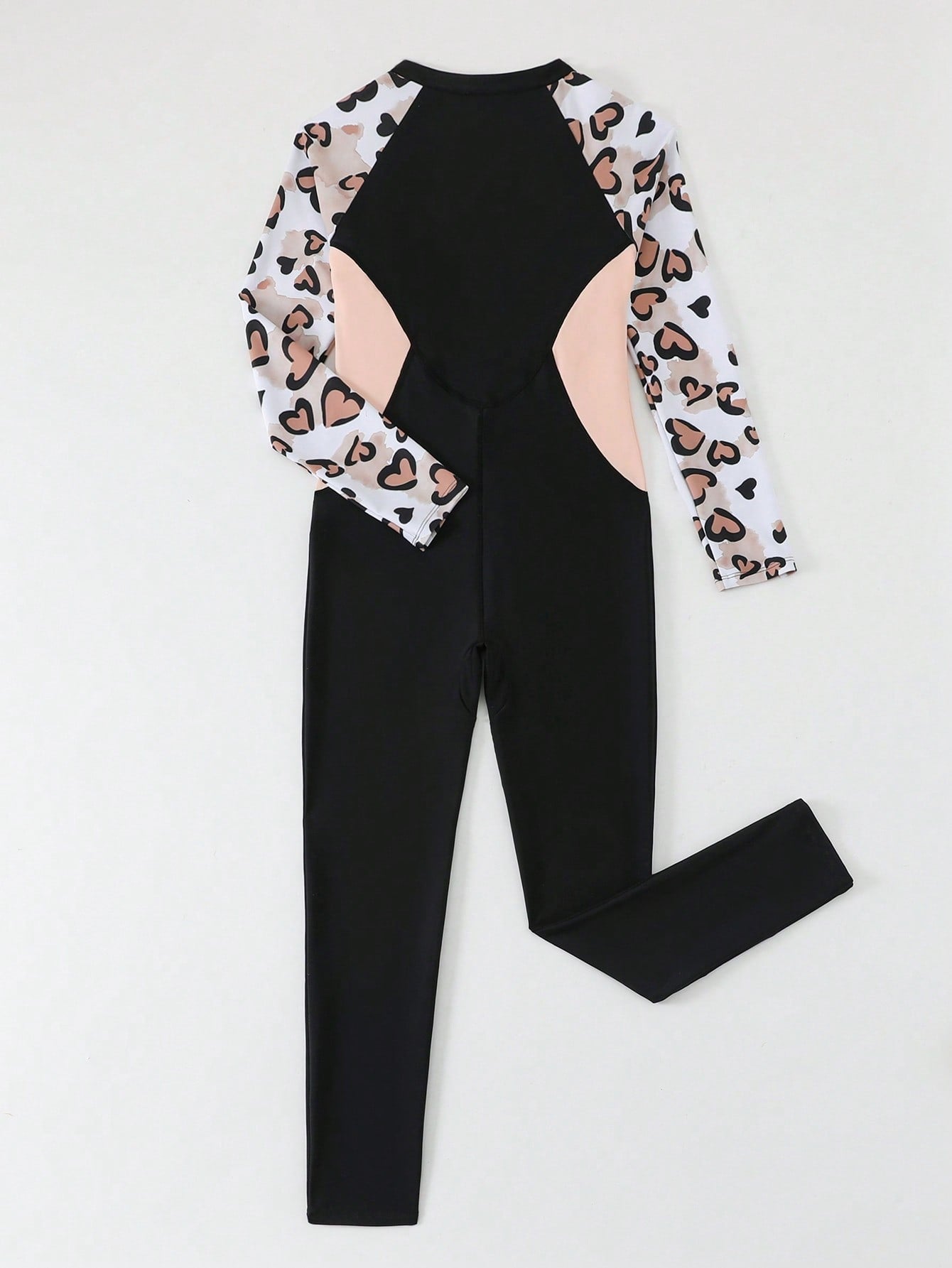 Tween girls black one-piece swimsuit with long sleeves, high neck, zipper detail, graphic leopard heart print, and fitted full-coverage swimwear style.