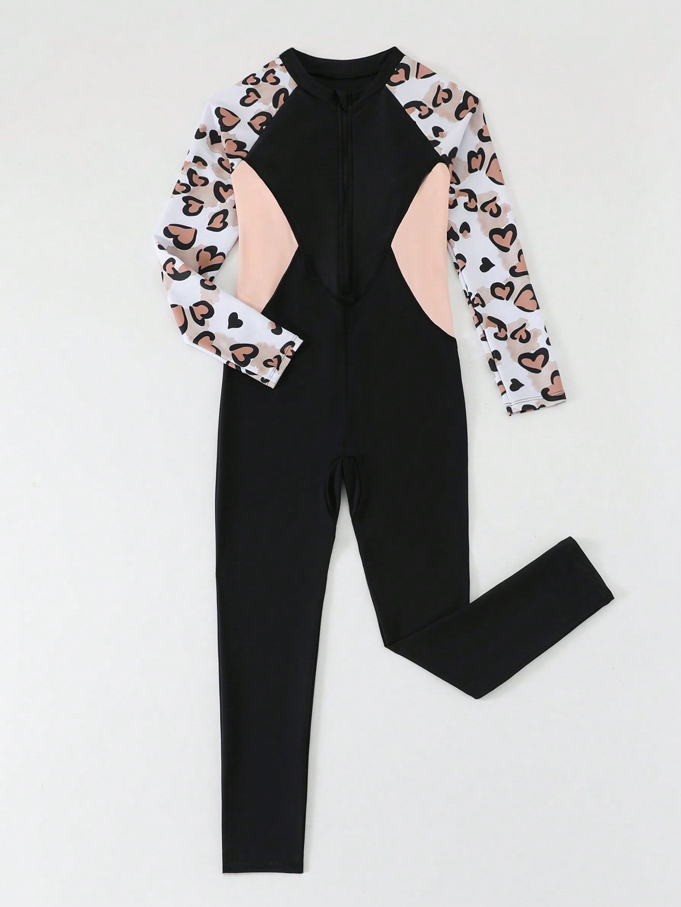 Tween girls black one-piece swimsuit with long sleeves, high neck, zipper detail, graphic leopard heart print, and fitted full-coverage swimwear style.