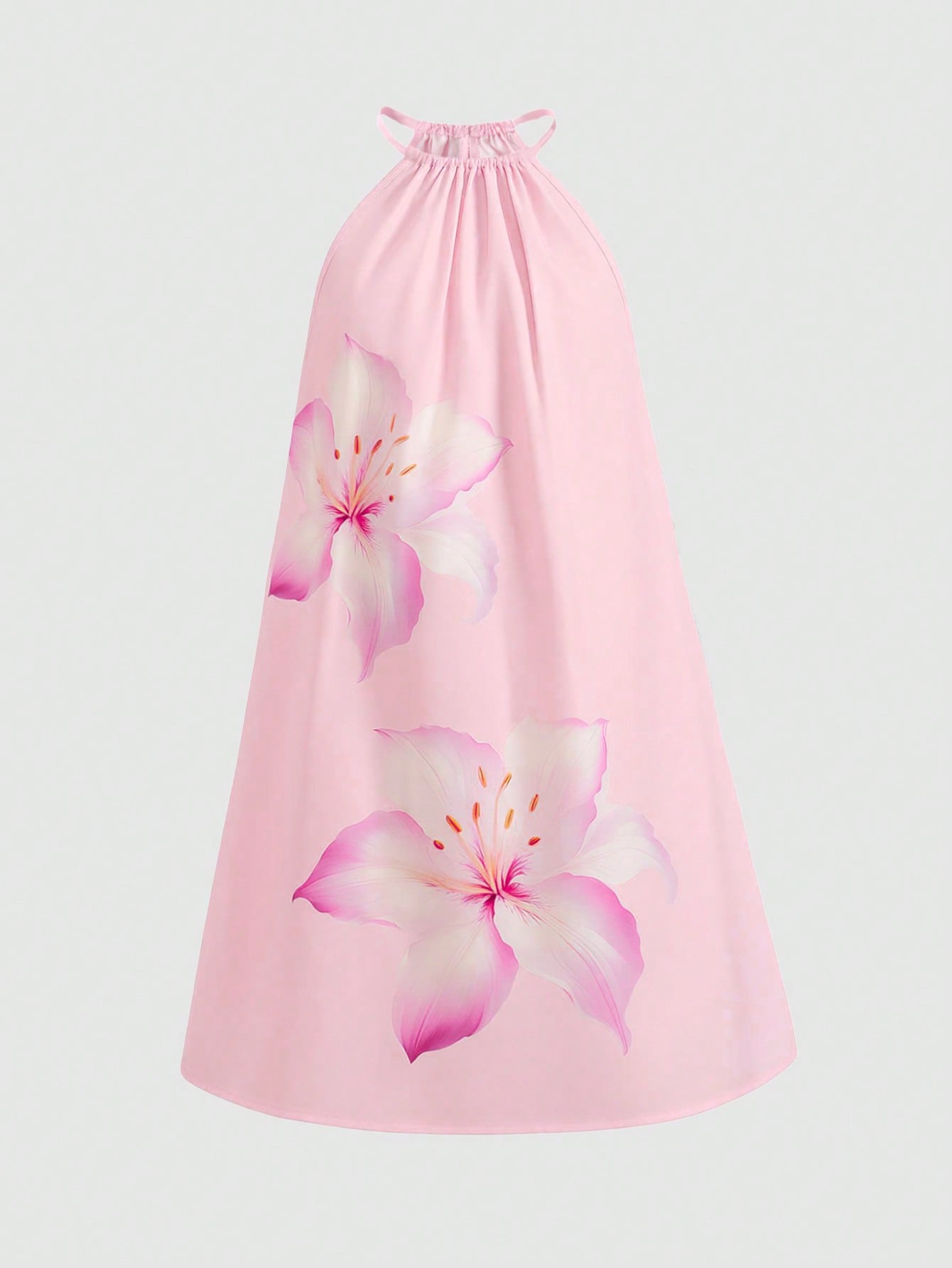 Tween girls floral print dress with halter neckline, sleeveless cold shoulder design, A-line shape, and vacation style.