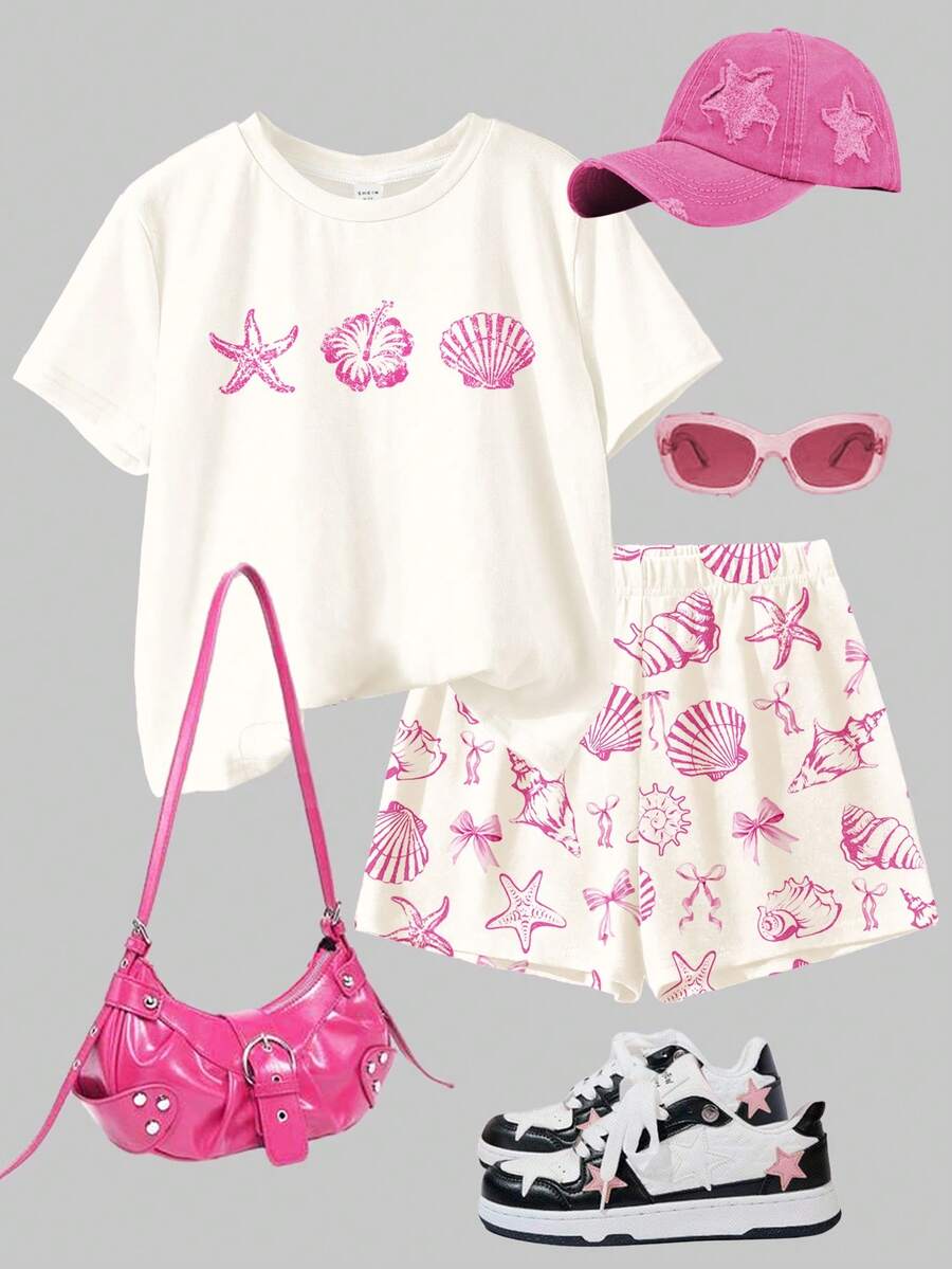 Tween girls 2-piece summer casual outfit featuring a multicolor seashell print short sleeve T-shirt with drop shoulders and matching loose fit shorts with pockets.