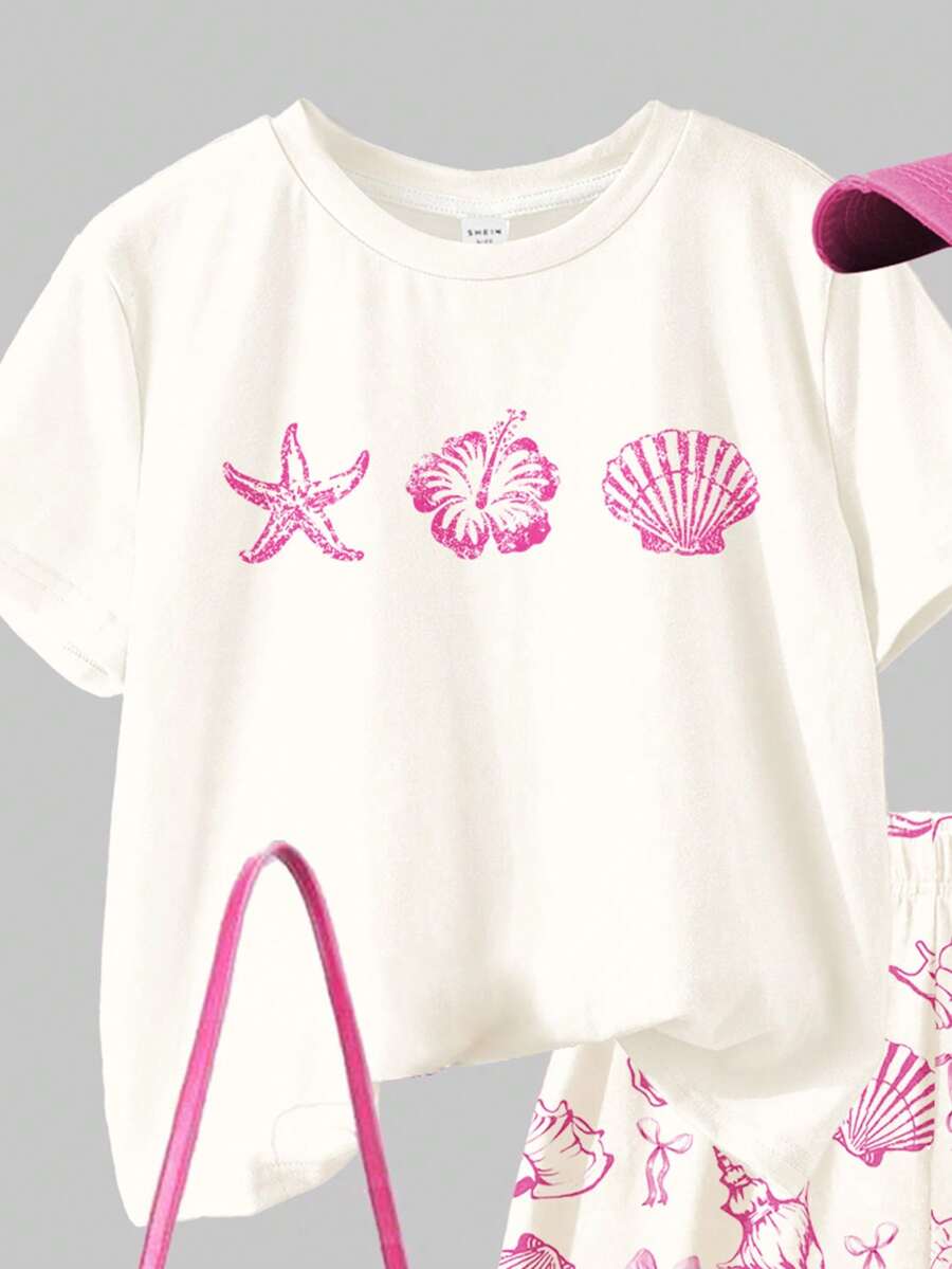 Tween girls 2-piece summer casual outfit featuring a multicolor seashell print short sleeve T-shirt with drop shoulders and matching loose fit shorts with pockets.