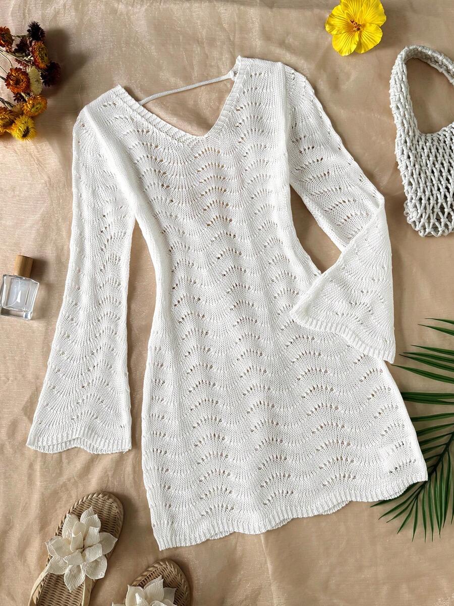 Girls semi-sheer beach cover-up dress with V-neckline, long sleeves, backless side-tie design, and asymmetrical hem for tween summer beach vacations.