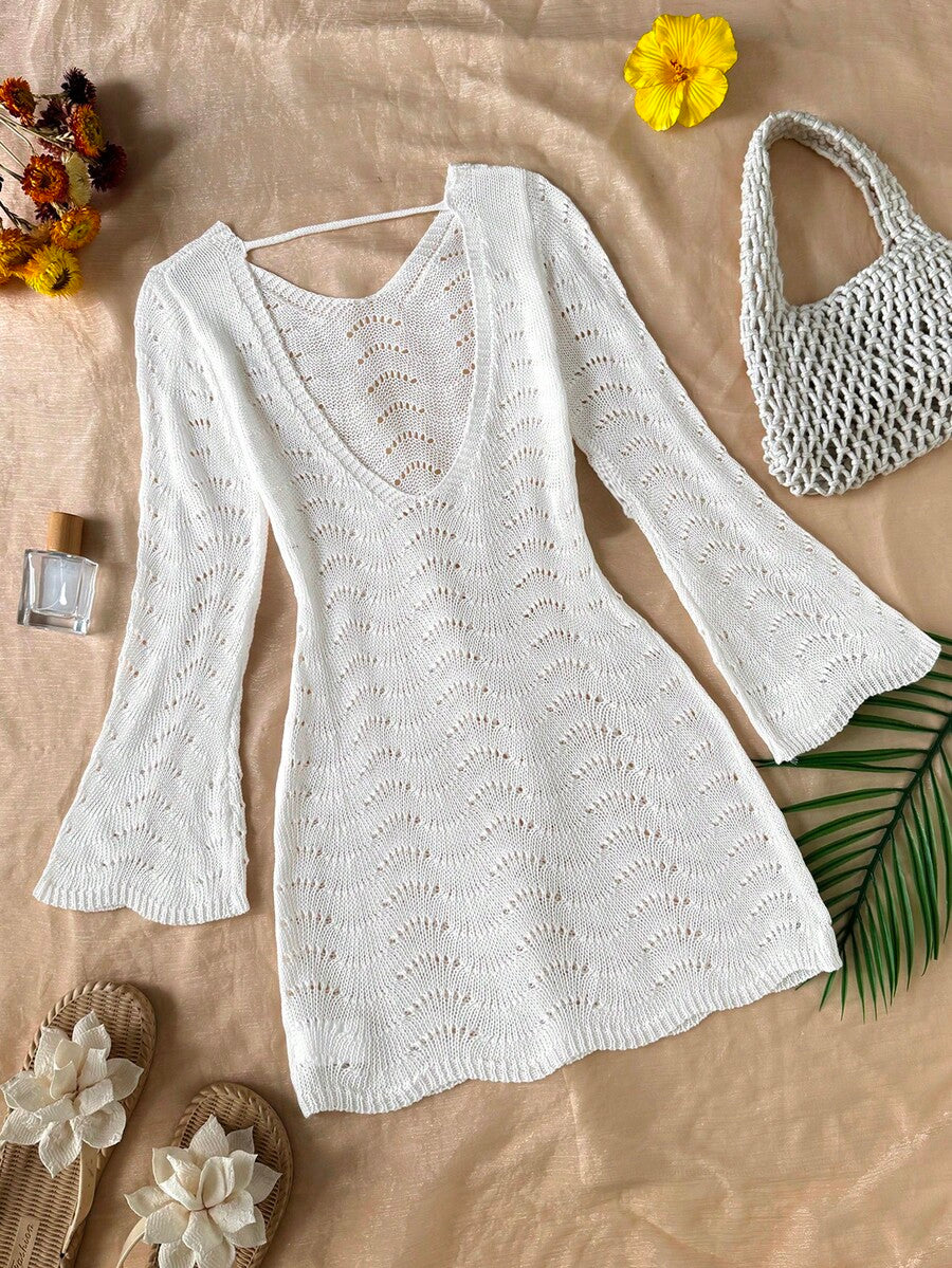 Girls semi-sheer beach cover-up dress with V-neckline, long sleeves, backless side-tie design, and asymmetrical hem for tween summer beach vacations.