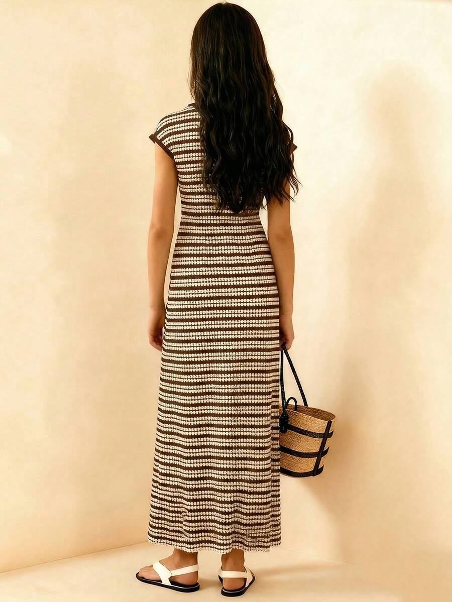 Brown striped knit long dress for tween girls featuring short sleeves, round neck, slim fit, and pencil hem split detail.