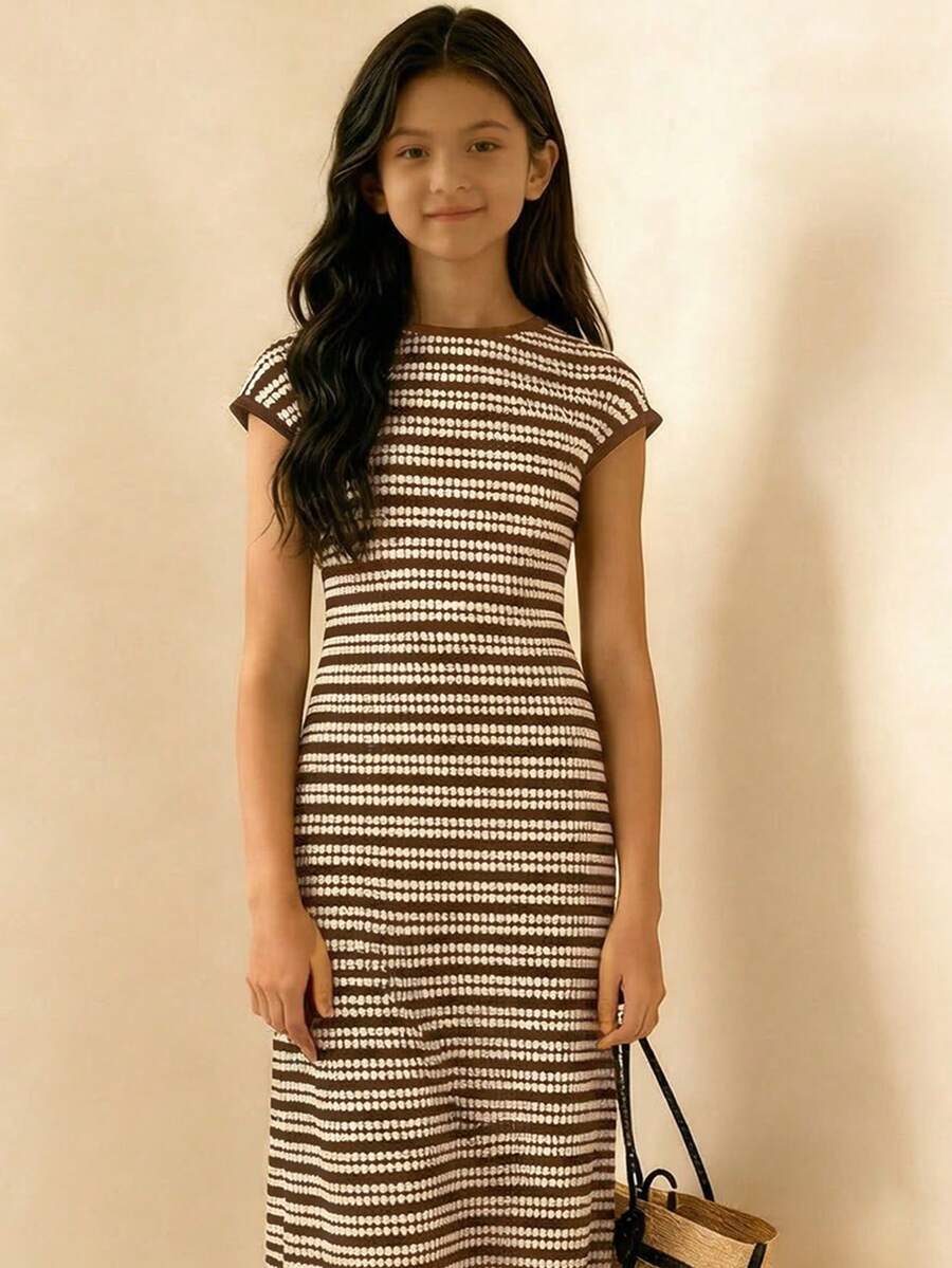 Brown striped knit long dress for tween girls featuring short sleeves, round neck, slim fit, and pencil hem split detail.