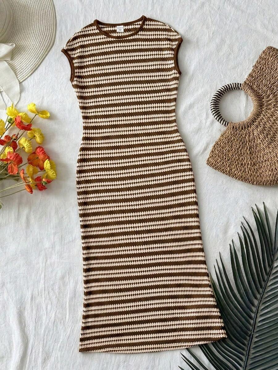 Brown striped knit long dress for tween girls featuring short sleeves, round neck, slim fit, and pencil hem split detail.