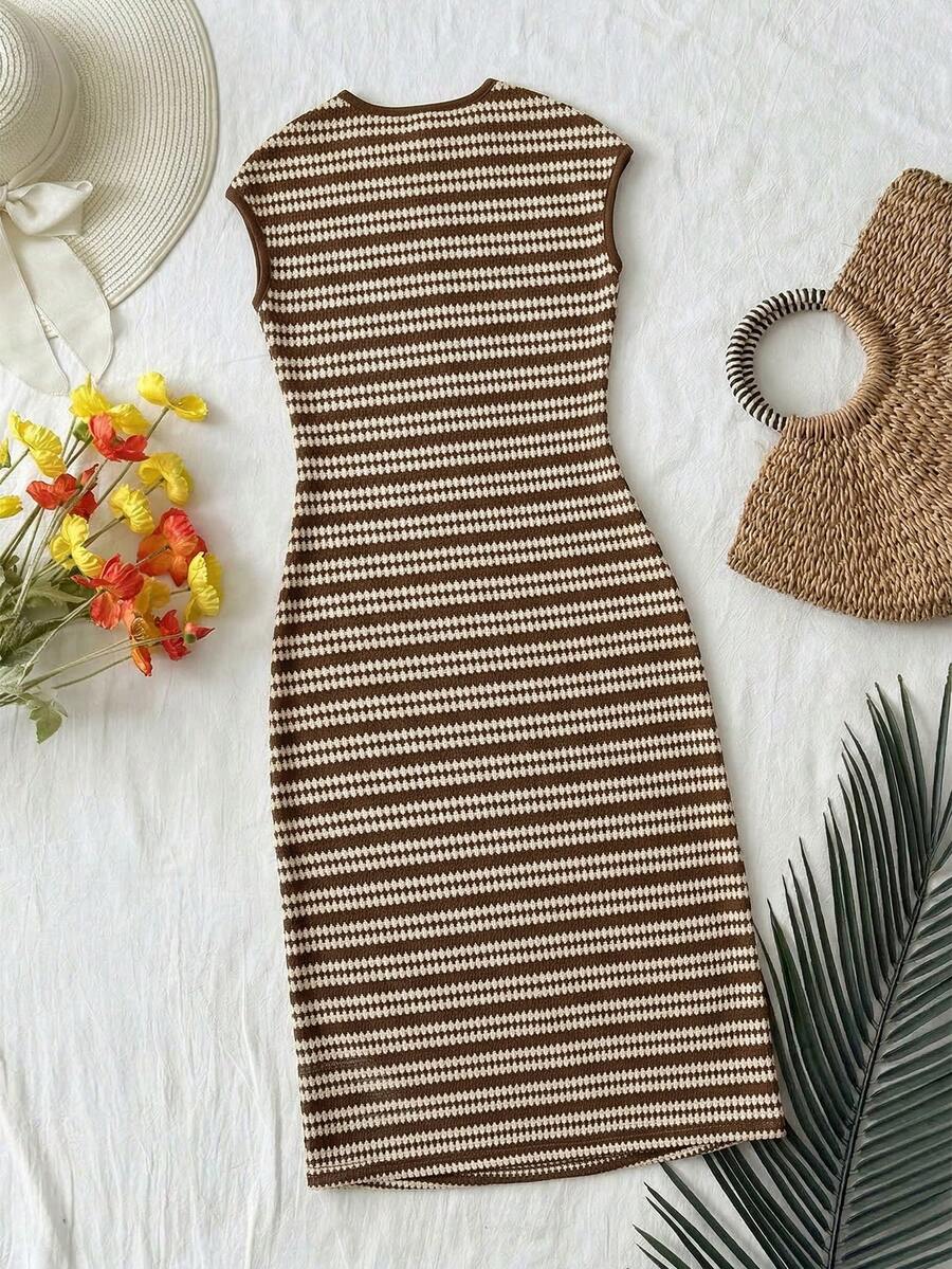 Brown striped knit long dress for tween girls featuring short sleeves, round neck, slim fit, and pencil hem split detail.