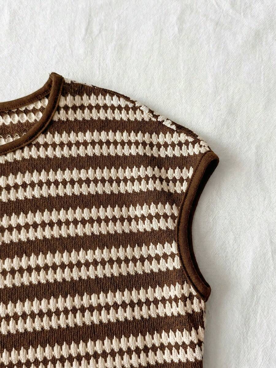 Brown striped knit long dress for tween girls featuring short sleeves, round neck, slim fit, and pencil hem split detail.