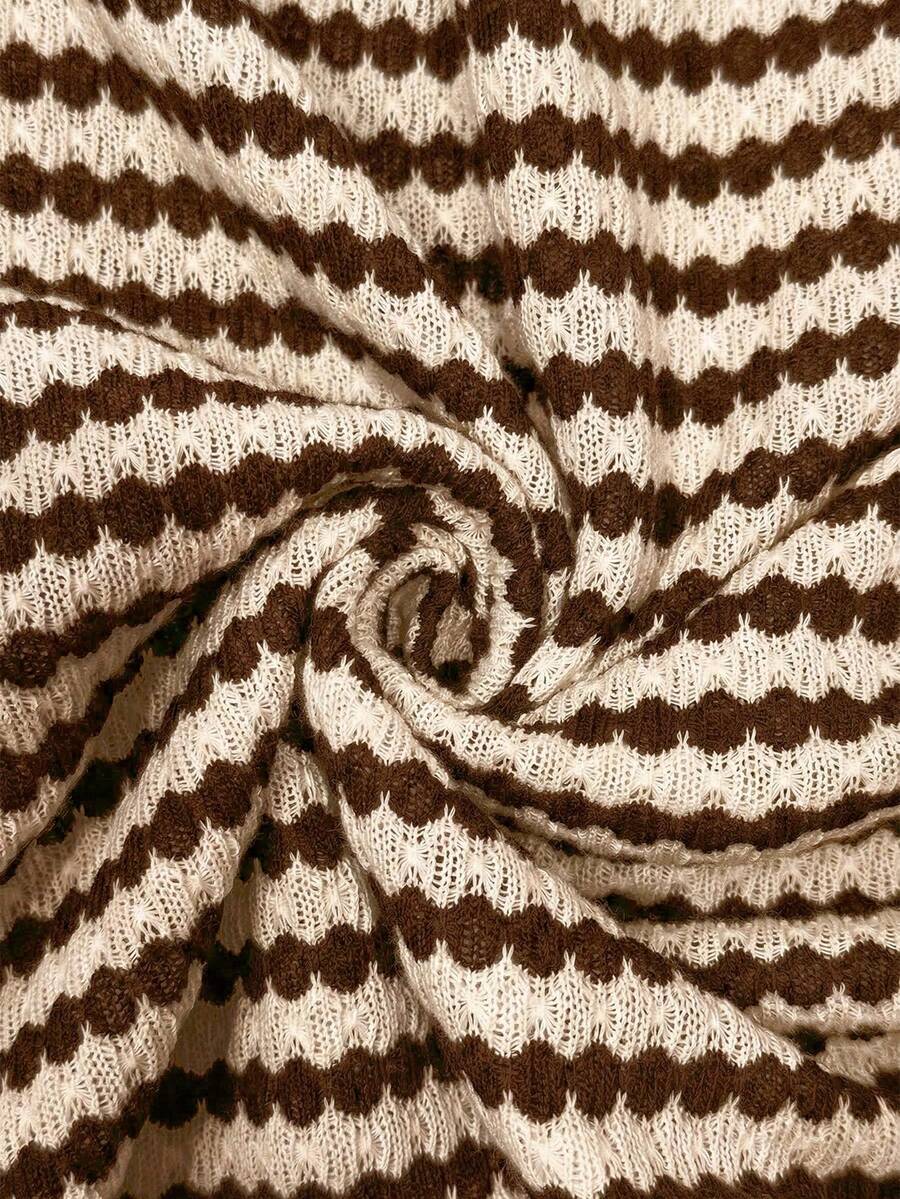 Brown striped knit long dress for tween girls featuring short sleeves, round neck, slim fit, and pencil hem split detail.