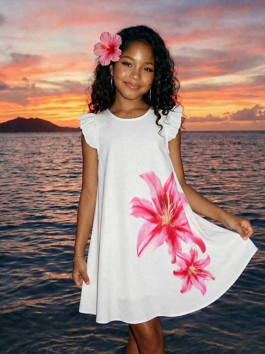 Tween girls sleeveless tropical floral mini dress in black with round neck and ruffle hem detail