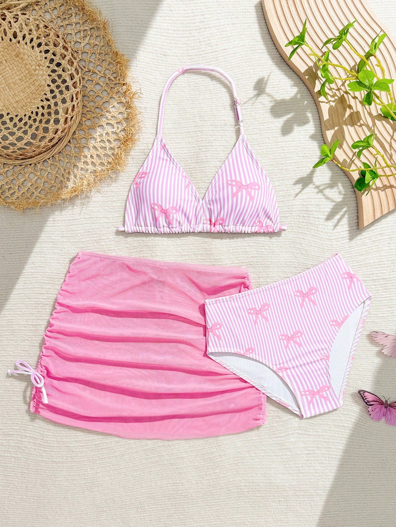 Tween Girls 3-Piece Bikini Set,Brown Polko Dot,Cute,Summer,Beach,Vacation,Holiday,Pink Striped Halter Top,Adjustable Back,Skirt Bottoms,Bathing Suits