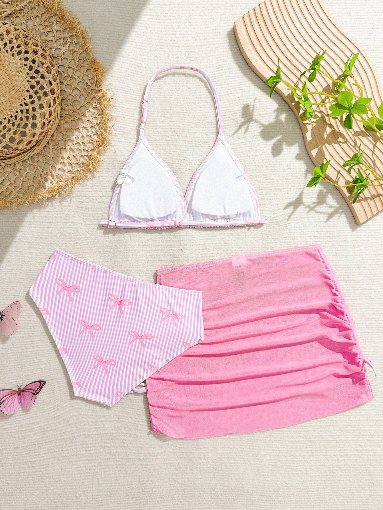 Tween Girls 3-Piece Bikini Set,Brown Polko Dot,Cute,Summer,Beach,Vacation,Holiday,Pink Striped Halter Top,Adjustable Back,Skirt Bottoms,Bathing Suits