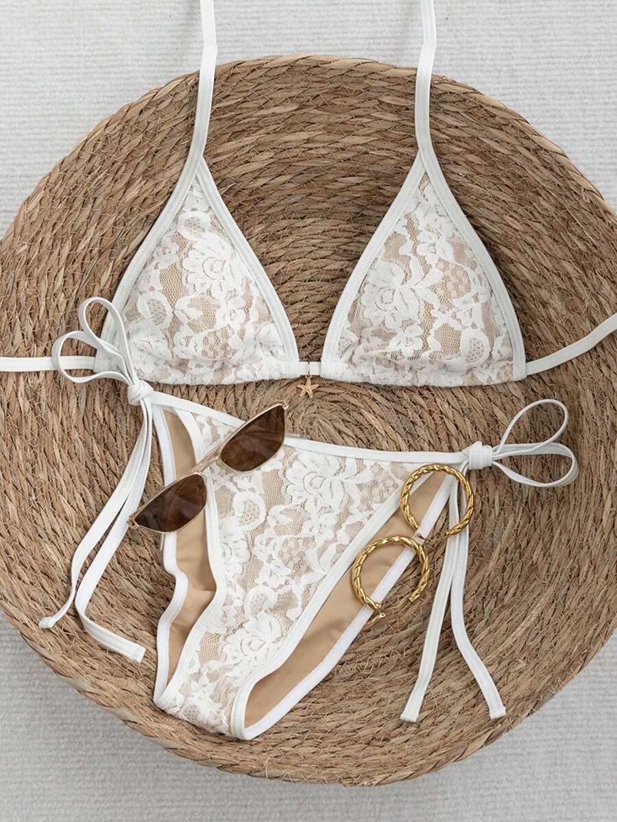 Apricot 2-piece bikini swimwear set featuring a textured halter triangle cup top with knot details and matching tie-side bottoms for women.