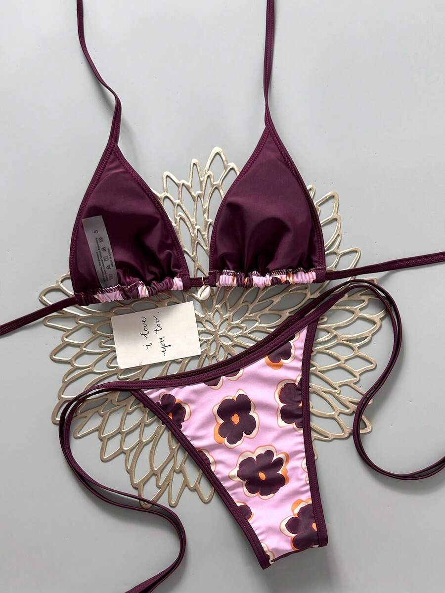 Apricot 2-piece bikini swimwear set featuring a textured halter triangle cup top with knot details and matching tie-side bottoms for women.