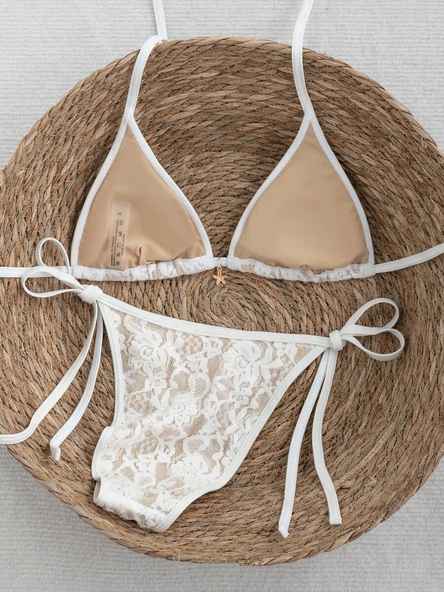 Apricot 2-piece bikini swimwear set featuring a textured halter triangle cup top with knot details and matching tie-side bottoms for women.
