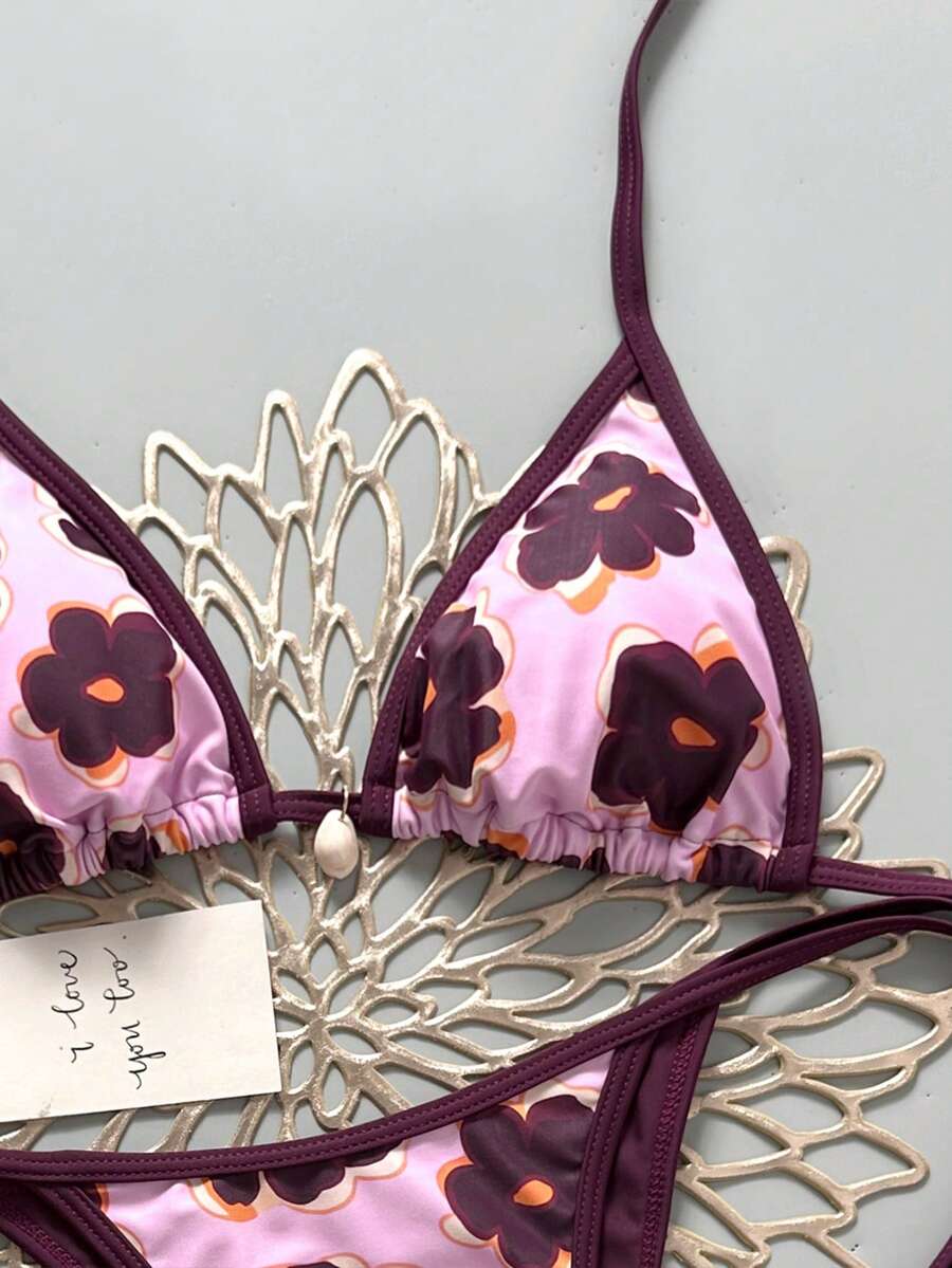 Apricot 2-piece bikini swimwear set featuring a textured halter triangle cup top with knot details and matching tie-side bottoms for women.