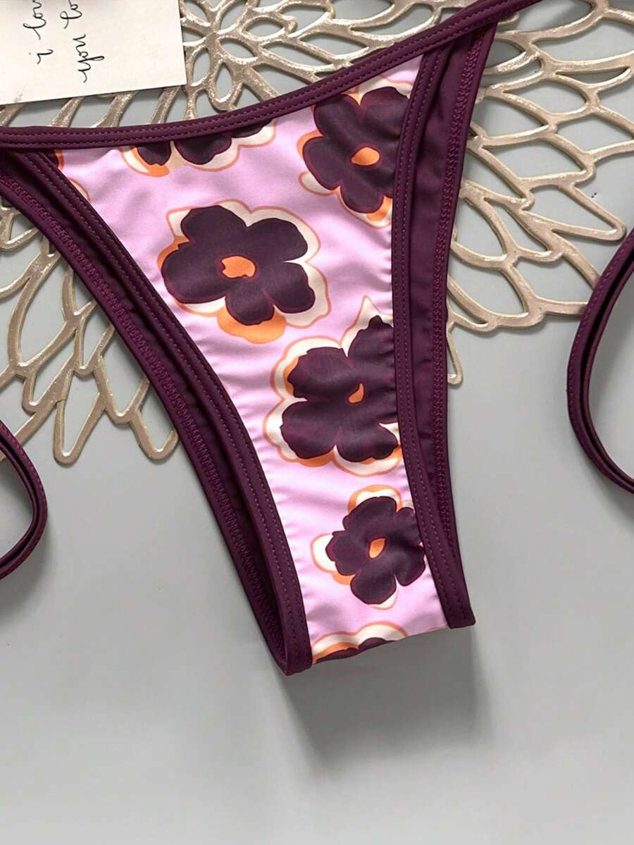 Apricot 2-piece bikini swimwear set featuring a textured halter triangle cup top with knot details and matching tie-side bottoms for women.
