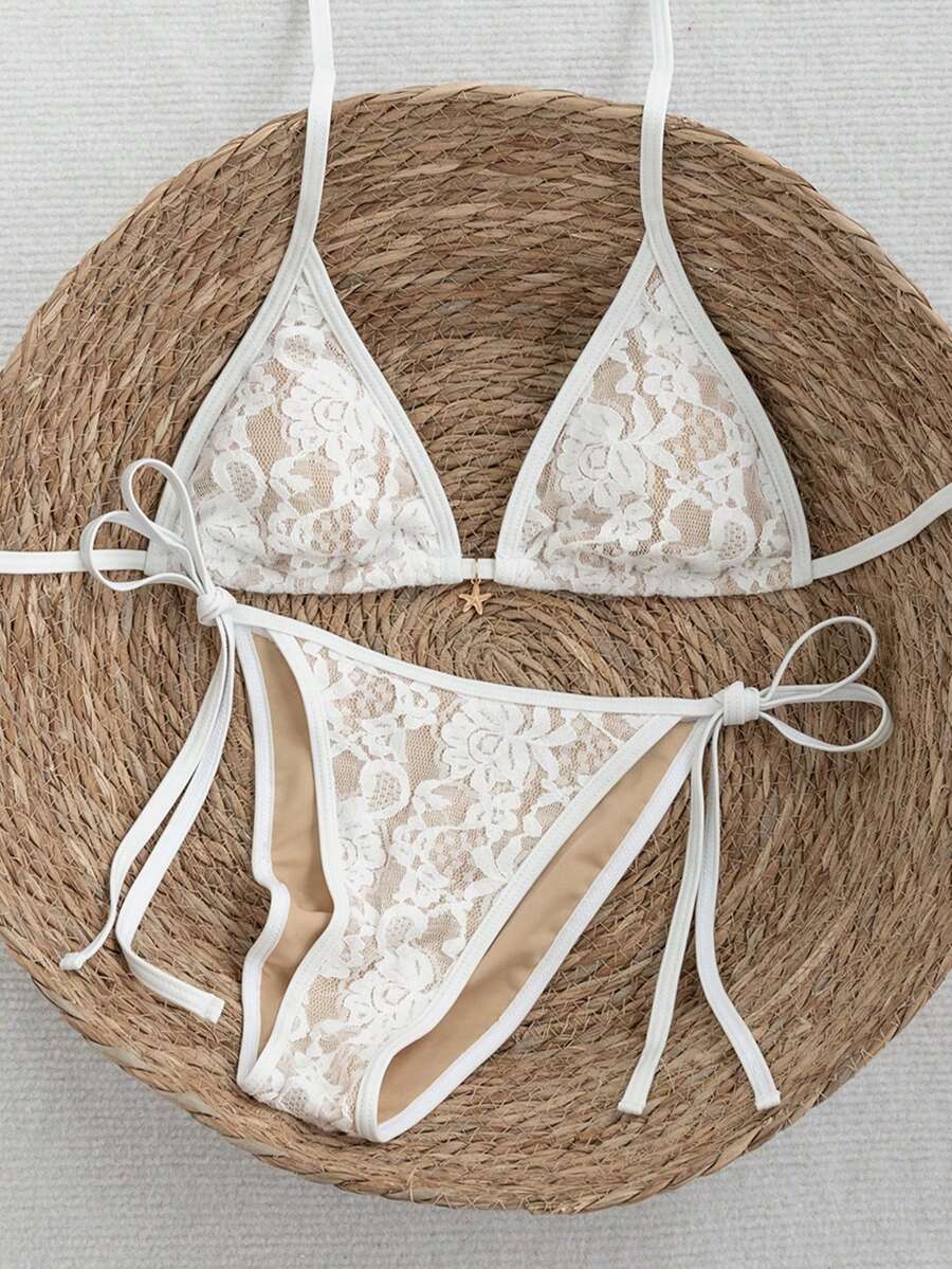 Apricot 2-piece bikini swimwear set featuring a textured halter triangle cup top with knot details and matching tie-side bottoms for women.
