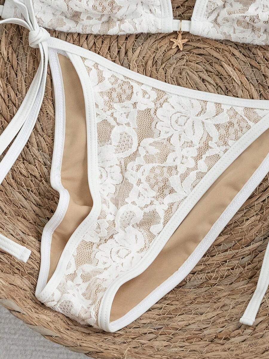 Apricot 2-piece bikini swimwear set featuring a textured halter triangle cup top with knot details and matching tie-side bottoms for women.