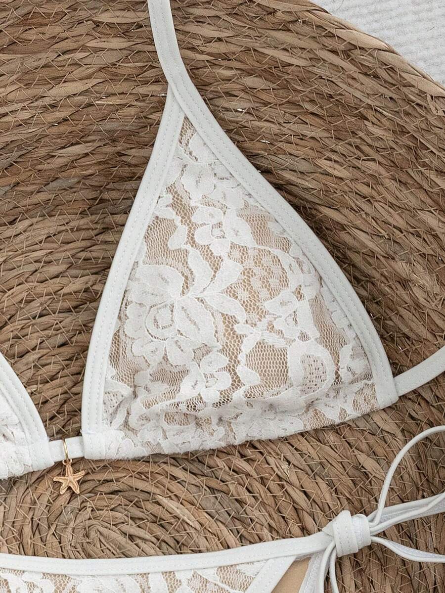 Apricot 2-piece bikini swimwear set featuring a textured halter triangle cup top with knot details and matching tie-side bottoms for women.