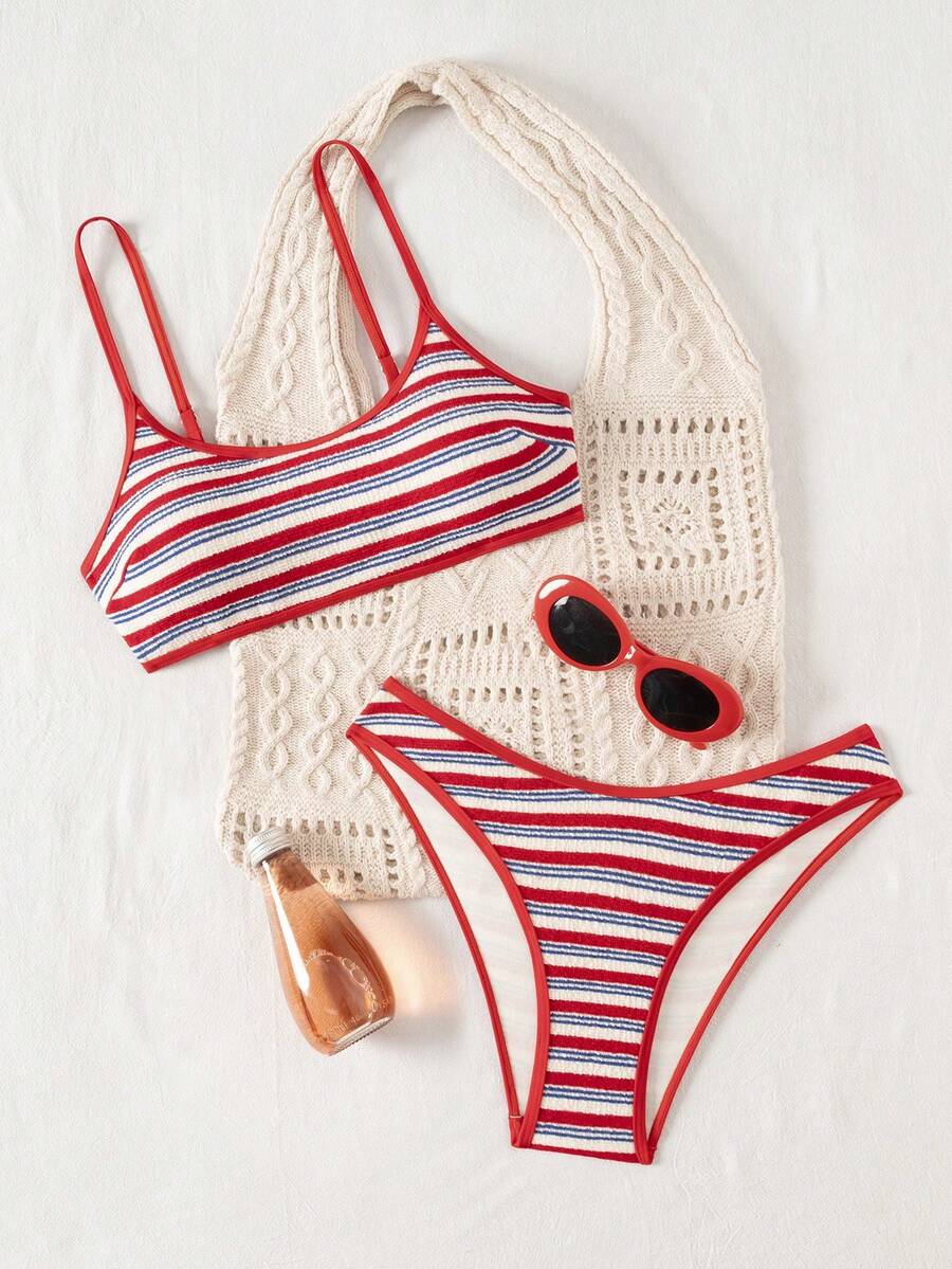 Apricot ribbed high waist two piece bikini swimsuit set for women featuring backless spaghetti strap top and high waisted bottoms.