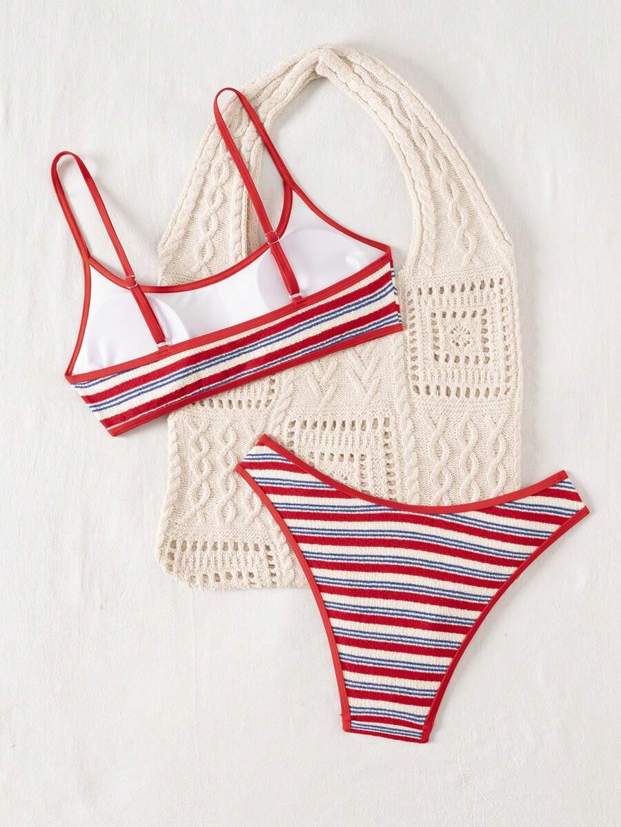 Apricot ribbed high waist two piece bikini swimsuit set for women featuring backless spaghetti strap top and high waisted bottoms.