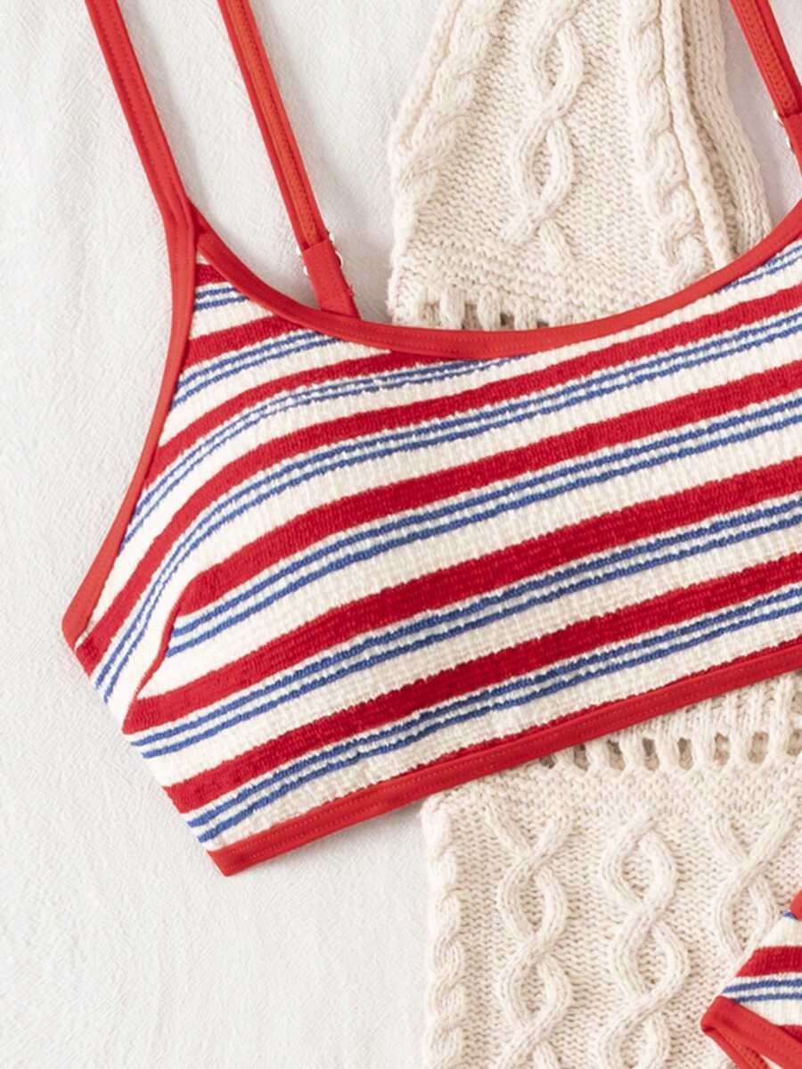 Apricot ribbed high waist two piece bikini swimsuit set for women featuring backless spaghetti strap top and high waisted bottoms.